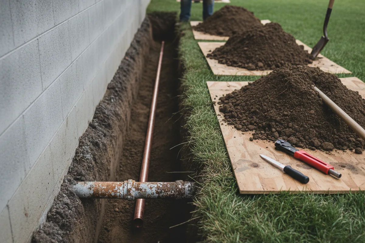 Excavated water line trench during Sewer Line Repair in Boston